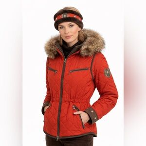 Miller Quilted orange Hooded Jacket Fur Trim  ski jacket with headband size  M